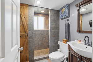 Full bath with a walk in shower, vanity, a textured ceiling, and recessed lighting