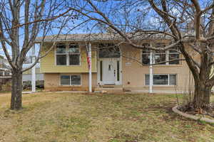 Raised ranch featuring brick siding and a front lawn