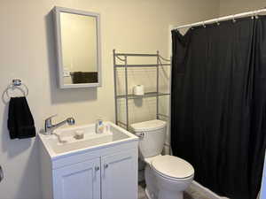 Bathroom with vanity and curtained shower