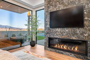 Detailed view of a glass covered fireplace and wood finished floors