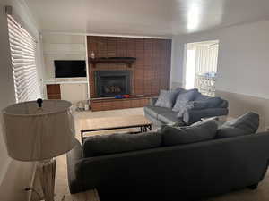 Carpeted living area with crown molding and a large fireplace