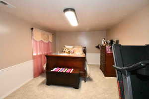 Bedroom with light colored carpet