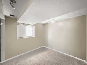 Additional living space featuring a textured ceiling and carpet flooring