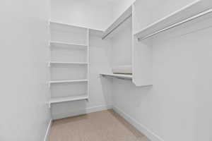 Walk in closet featuring light colored carpet