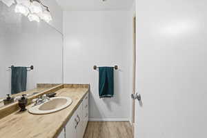 Bathroom featuring vanity, light wood-type flooring, and suspended lighting