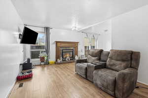 Living area featuring a textured ceiling, plenty of natural light, light wood-style flooring, and a glass covered fireplace