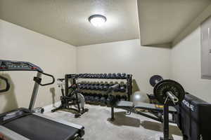 Exercise room with a textured ceiling, concrete flooring, and electric panel
