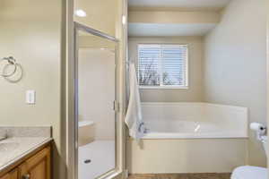 Primary bathroom with a stall shower, vanity, and a bath