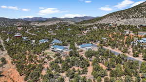 Aerial perspective of suburban area with mountains