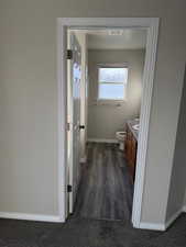 Bathroom with vanity and dark wood finished floors