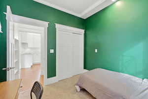 Bedroom featuring crown molding, light colored carpet, and a closet