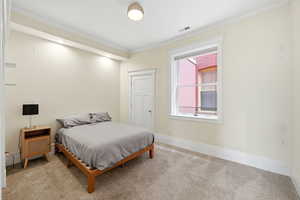 Bedroom featuring crown molding and carpet floors