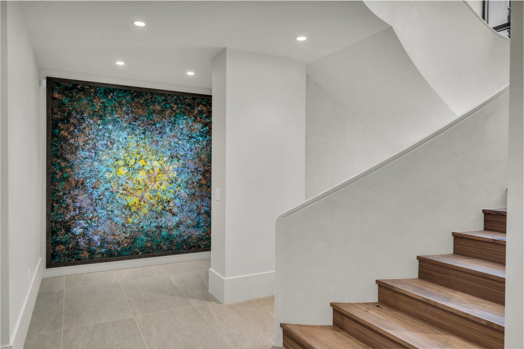 Stairway featuring recessed lighting and tile patterned flooring