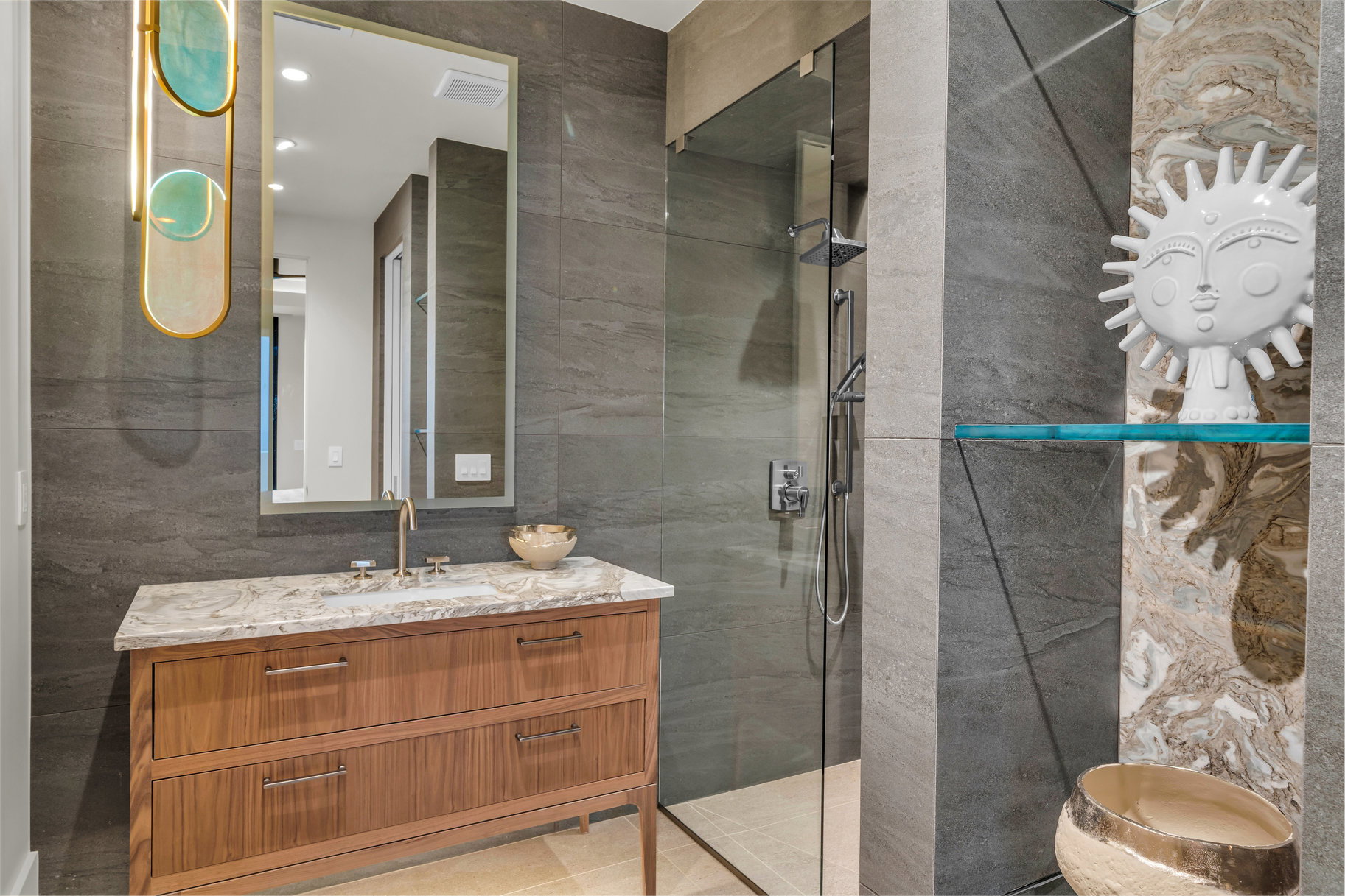 Full bath featuring vanity, tile walls, a walk in shower, and recessed lighting