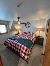 Bedroom with carpet flooring and ceiling fan