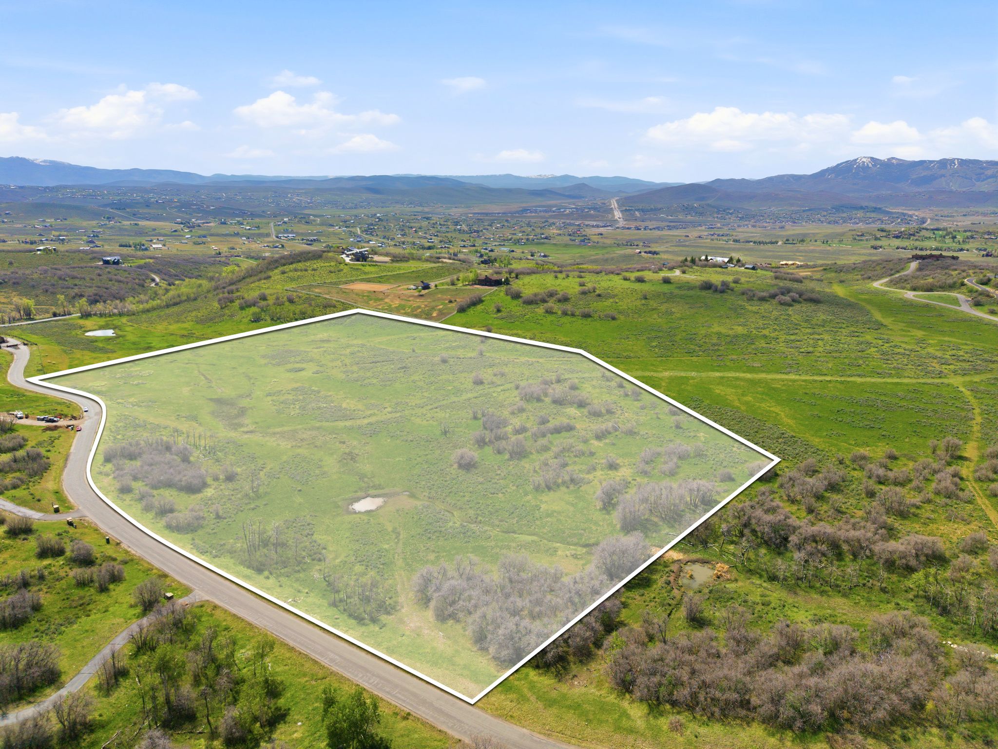 Expansive parcel featuring a defined boundary, verdant ground cover, scattered shrubs, and a paved road frontage