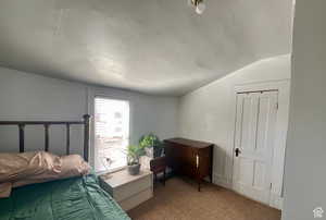 Bedroom with vaulted ceiling and carpet flooring