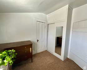 Unfurnished bedroom featuring a closet, carpet flooring, and vaulted ceiling