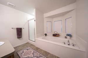 Bathroom with a stall shower, a bath, and vanity