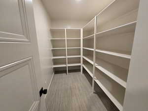 Spacious walk-in pantry featuring extensive built-in shelving, durable carpet flooring, and a solid panel door with matte black hardware