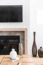 Detailed view of a glass covered fireplace