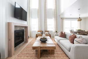 Living room with light wood-type flooring and a fireplace