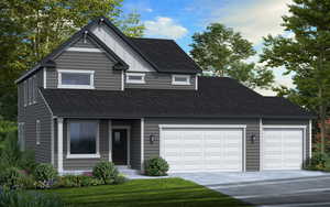 View of front of property with concrete driveway, roof with shingles, a front lawn, and an attached garage