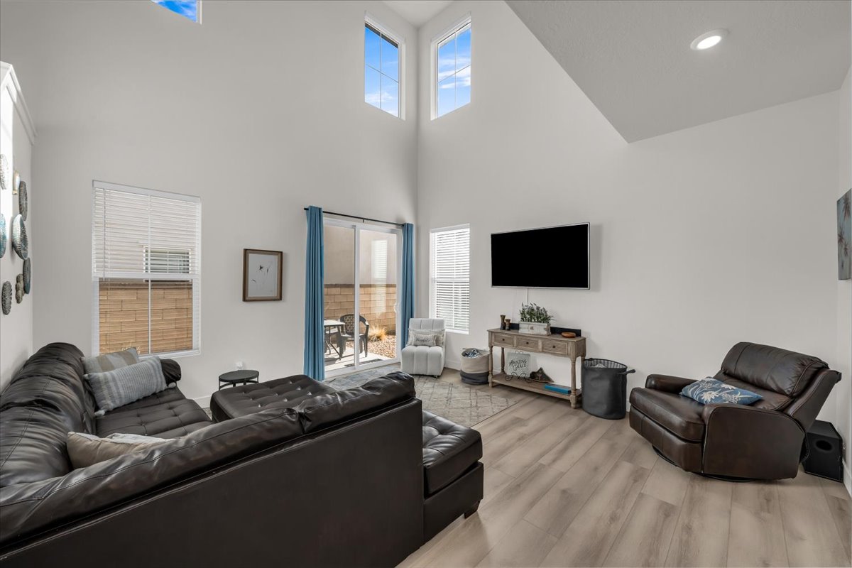 Living room featuring wood finished floors and a high ceiling