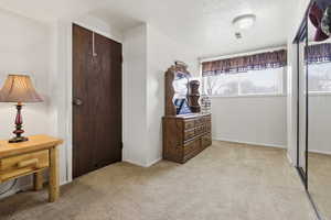 Bedroom with a closet, light colored carpet, and a textured ceiling