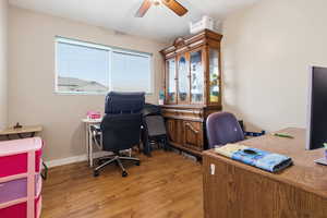Office space featuring light wood-style flooring, ceiling fan, and plenty of natural light