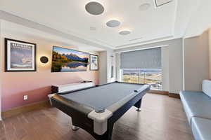Rec room with hardwood / wood-style floors and billiards table