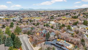 Aerial perspective of suburban area featuring a mountain backdrop