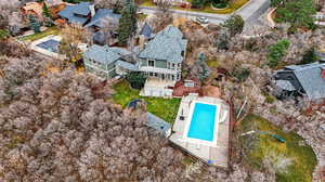 Aerial view of residential area with a pool