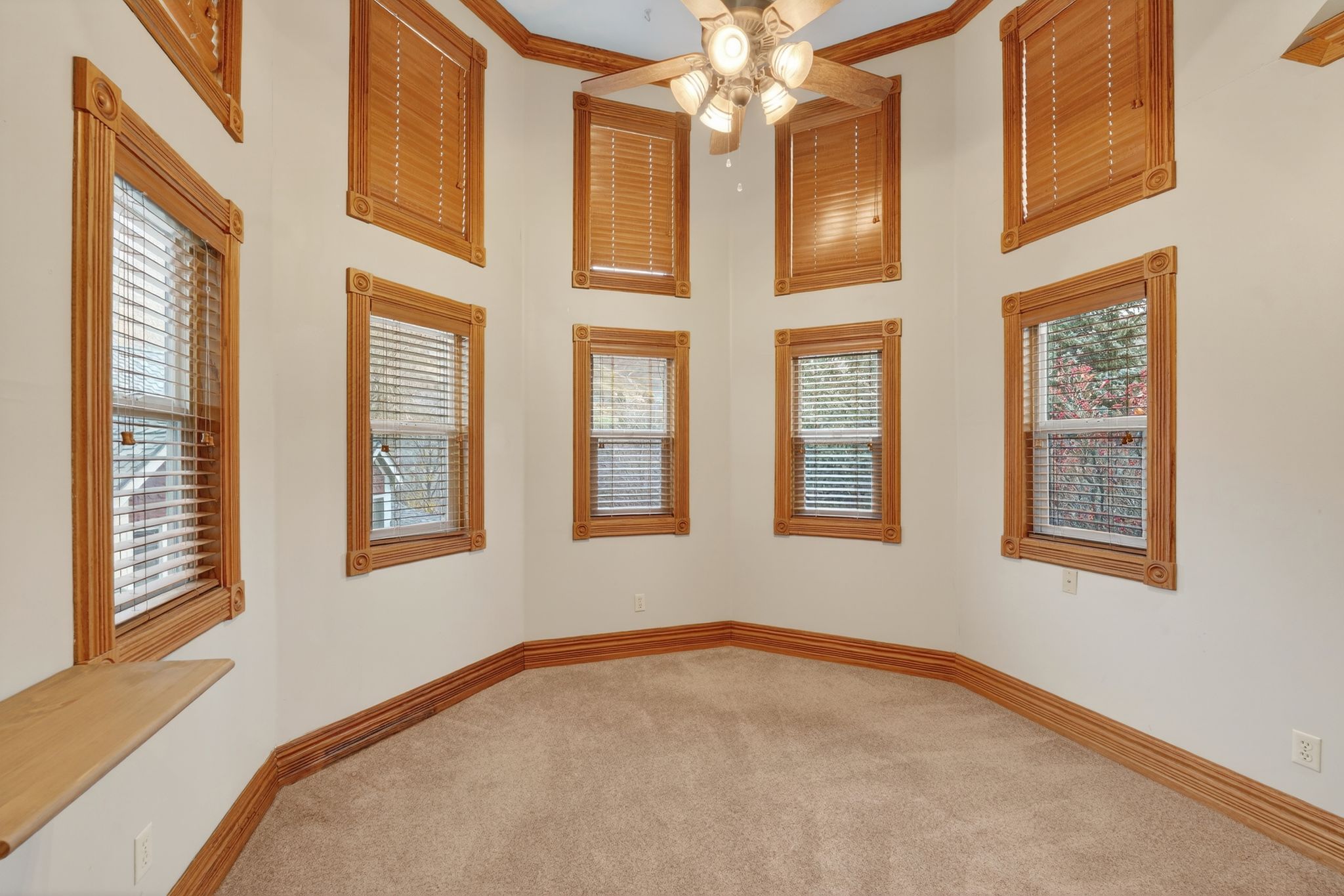 Carpeted spare room with a ceiling fan, a high ceiling, and ornamental molding