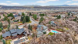 Aerial perspective of suburban area featuring mountains