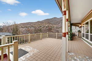 View of patio / terrace with a mountain view