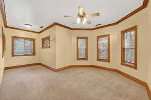 Spare room with light colored carpet, healthy amount of natural light, ornamental molding, and a ceiling fan