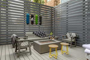 Wooden deck with an outdoor fire pit