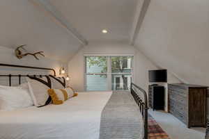 Bedroom with carpet, lofted ceiling, recessed lighting, and ornamental molding