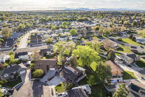 Aerial perspective of suburban area featuring mountains