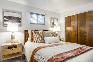 Carpeted bedroom with a closet