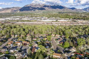 Aerial view of residential area with a mountainous background