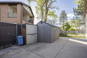 Garage featuring a storage unit