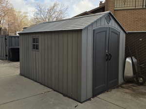 View of shed featuring heating fuel