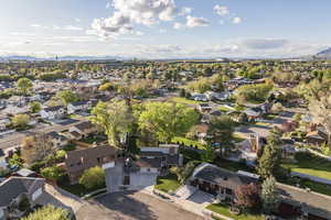 Aerial view of residential area with a mountain backdrop