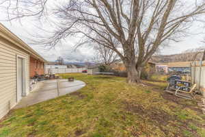 Fenced backyard featuring a patio area and a trampoline