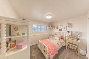 Bedroom with dark colored carpet and baseboards