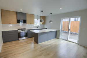Two tone kitchen with stainless steel appliances, a peninsula, decorative light fixtures, decorative backsplash, and light wood-type flooring