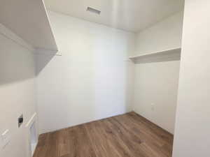 Walk in closet featuring dark wood-style flooring