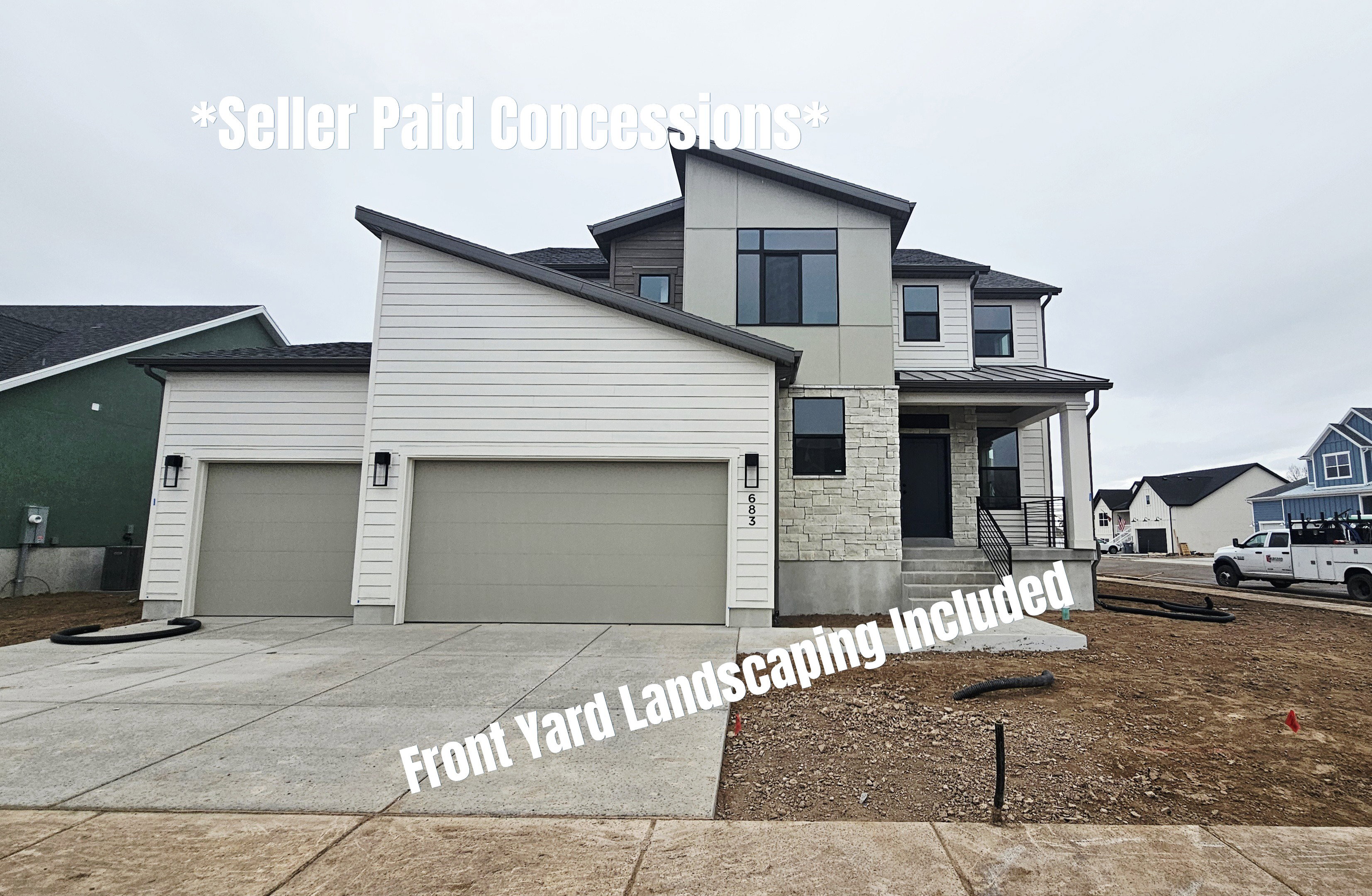 Modern home with covered porch, an attached garage, concrete driveway, and stone siding